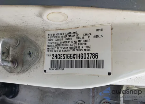 2001 Honda Civic Lx from USA, damaged, VIN 2HGES165X1H603786